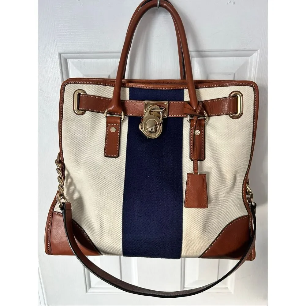 Michael Kors Hamilton East West Mono Stripe Canvas/Leather Nautical Satchel bag